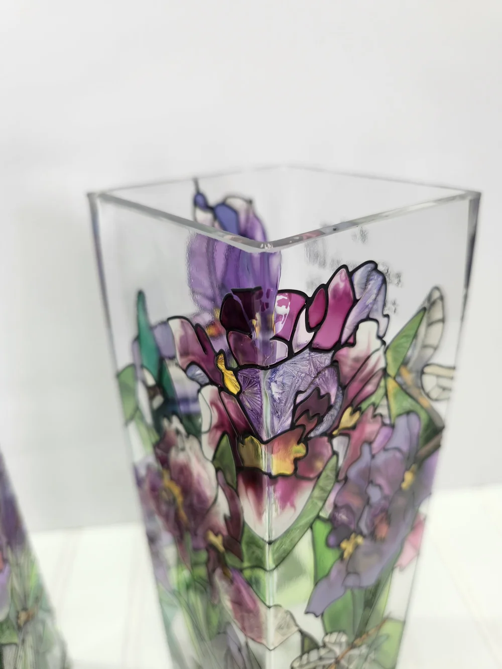 Vintage Joan Baker Designs Set of 2 Hand-Painted Stained Glass Vases